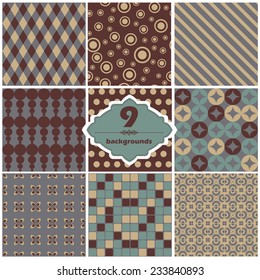 Vector illustration of a set of seamless retro backgrounds with geometric ornaments in contrast colors