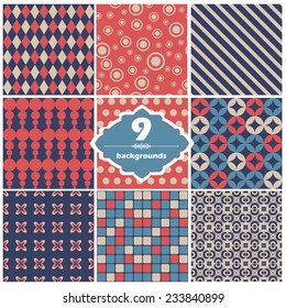 Vector illustration of a set of seamless retro backgrounds with geometric ornaments in contrast colors