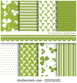 Vector illustration of a set of seamless retro background patterns, monochromatic, arranged in tiles for St. Patrick's Day