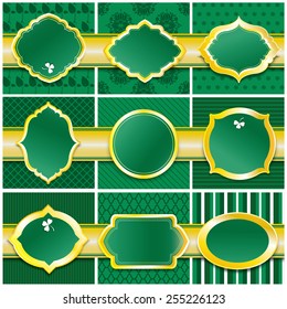 Vector illustration of a set of seamless retro background patterns, monochromatic, arranged in tiles for St. Patrick's Day