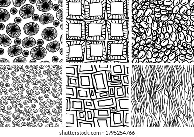 Vector illustration, set of seamless textures, contours, doodling for paper design, fabric, interior
