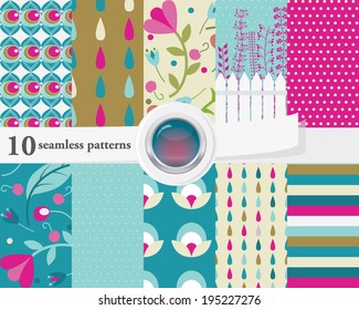 Vector illustration of a set of seamless textures and backgrounds, with an eps 10 glass button. Spring theme.