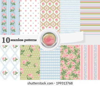 Vector illustration of a set of seamless textures and backgrounds, with an eps 10 glass button. Romantic rose collection.