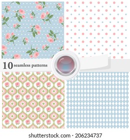 Vector illustration of a set of seamless textures and backgrounds, with an eps 10 glass button. Romantic rose collection.