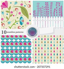 Vector illustration of a set of seamless textures and backgrounds, with an eps 10 glass button. Spring theme.