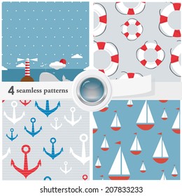 Vector illustration of a set of seamless textures and backgrounds, with an eps 10 glass button. Marine theme.