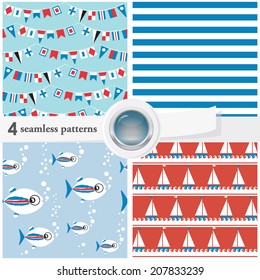Vector illustration of a set of seamless textures and backgrounds, with an eps 10 glass button. Marine theme.