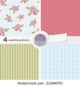 Vector illustration of a set of seamless textures and backgrounds, with an eps 10 glass button. Romantic rose collection.