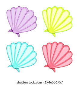 Vector illustration of a set of seashells. The collection includes blue, purple, red, yellow shells. Elements are isolated, can be used individually as sticker, logo, icon, background.