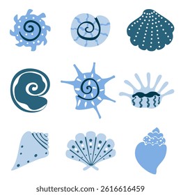 Vector illustration set of seashells, various sea animals, ocean, tropical beach, colorful summer holiday design elements for print design, modern, label, menu cover, icon. Flat vector illustration.
