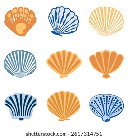 Vector illustration set of seashells, various sea animals, ocean, tropical beach, colorful summer holiday design elements for print design, modern, label, menu cover, icon. Flat vector illustration.
