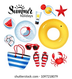 Vector illustration set of seaside items with summer word lettering isolated on white background.
