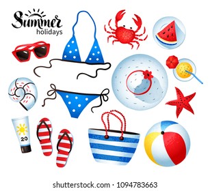 Vector illustration set of seaside vacation items with summer word lettering isolated on white background.