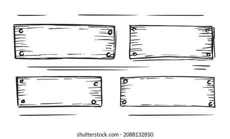 Vector illustration. A set of selection frames for text. Stylized wooden board with nails. Doodle rectangular board for text. Black outline isolated on white background.