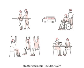 Vector illustration set. senior day care and rehabilitation scenes.