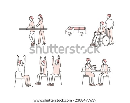 Vector illustration set. senior day care and rehabilitation scenes.