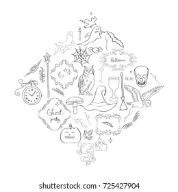 Vector illustration, set of separate elements and frames for a holiday of halloween. black line