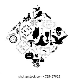 Vector illustration, set of separate elements and frames for a holiday of halloween. black silhouette