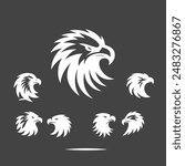 A vector illustration set of seven eagle heads in various poses, all in white against a black background. The illustrations feature different angles and styles of the eagles head, with some featuring 