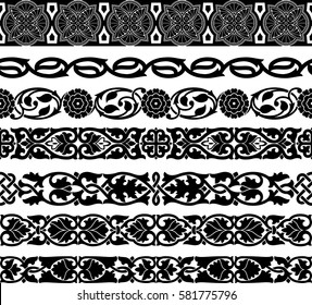 Vector illustration of set of the seven seamless ornamental border. black on the white background. Stencil for decor.