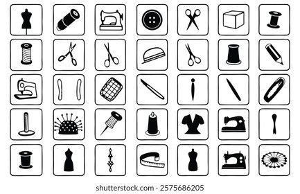 Vector Illustration Set of Sewing and Crafting Icons Black and White