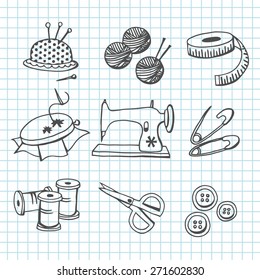 A vector illustration set of sewing and haberdashery items in doodle line art style. In this set:- pin cushion, wool,tape measure,needlecraft, sewing machine, pin,thread,scissors,buttons and needles. 