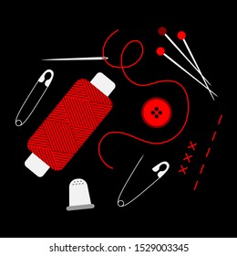 Vector illustration. Set of sewing supplies: thread, needle, pins and safetypins, button