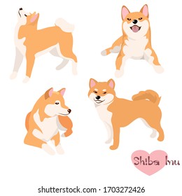  Vektorillustration Illustration Set von Shiba Inu Hund in aufschiebender Pose. Handziehen auf weißem Hintergrund.