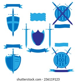 Vector illustration set -  shield and sword with flags.  Isolated on white background. EPS10.