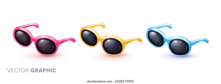 Vector illustration of set of shine different color sunglasses on white color background. 3d style cartoon design of bright sunglasses. Summer accessory with shadow for web site icon, banner