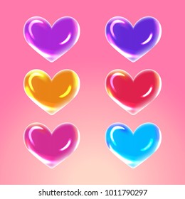 Vector illustration set of shiny rainbow colors soap heart bubbles with sparkles reflection for postcards, compliment, banner, poster