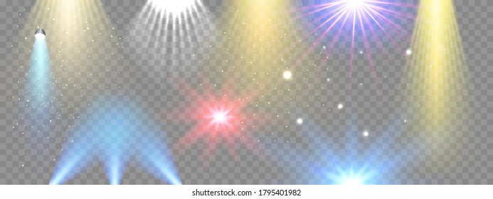 Vektorgrafik. Satz glänzender Lichtstrahlen einzeln auf transparentem Hintergrund für Poster