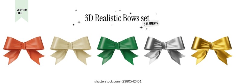  Ilustración vectorial - Conjunto de arcos satinados brillantes en diferentes colores, ilustrados en un estilo 3D realista. Pegatinas en oro, cromo, beige, rojo, verde.