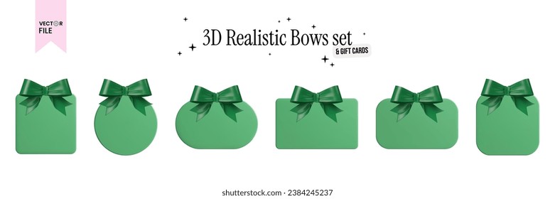  Vector illustration - Set of shiny satin green bows with blank gift cards of different shapes, illustrated in a realistic 3D style. Square, rounded square, rounded rectangle, round sign, rectangle.
