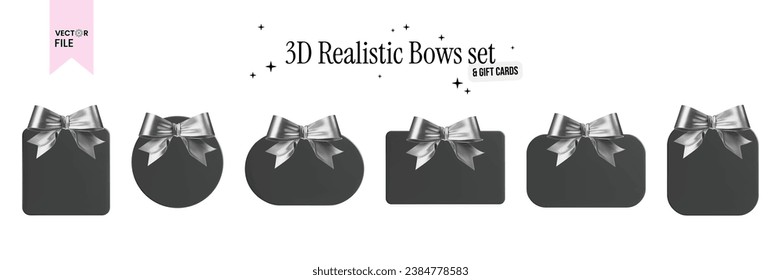 Vector illustration - Set of shiny satin chrome bows with blank gift cards of different shapes, illustrated in a realistic 3D style. Square, rounded square, rounded rectangle, round sign, rectangle.