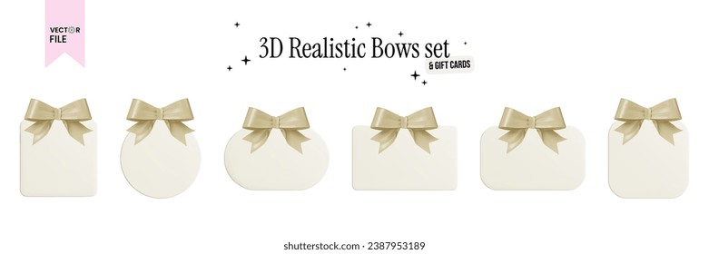 Vector illustration - Set of shiny satin beige bows with blank gift cards of different shapes, illustrated in a realistic 3D style. Square, rounded square, rounded rectangle, round sign, rectangle.