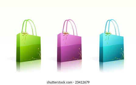Vector illustration set of shiny shopping bags  in different colors with floral decoration elements