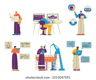 Vector illustration of a set with shipbuilder characters. They design and manufacture marine equipment. Engineers in flat style on isolated white background.