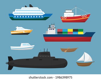 
Conjunto de ilustraciones vectoriales de barcos. barco de crucero, barco de pesca, barco de motor, barco de carga, barco de motor, barco de remo, barco de vela y submarino militar. ilustración vectorial.