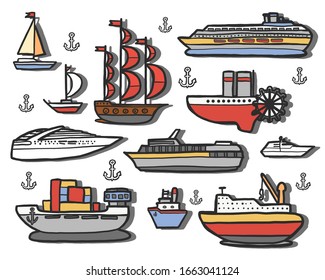 vector illustration, a set of vector ships of different types and different times. Seaport