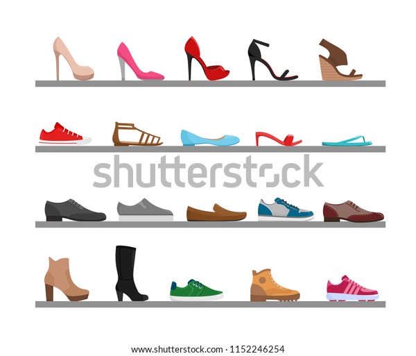 Vector illustration set of shoes. Collection men s and women s season footwear on the shelfs. Fashionable different shoes, boots and sandals. Cartoon flat style.