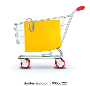 Vector illustration set of shopping concept with shopping cart and yellow paper note list