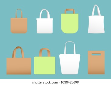 Vector illustration set of shopping eco canvas bags different shapes in white, beige and green colors, mock-up.