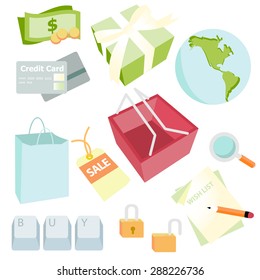 A vector illustration set of shopping or retail theme icons like sale tag, shopping bag, credit card and more..