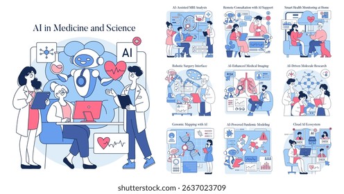 Vector illustration set showcasing AI applications in medicine and science. Eight images depict AI-assisted MRI, remote consultation, smart health monitoring, robotic surgery, and more.