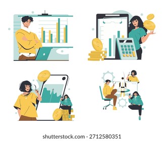 Vektorgrafik mit Business Analytics, Finanzstrategie, Teamarbeit zu Wachstumsprojekten und Erfolgsvisualisierung. Verschiedene Charaktere analysieren Daten und planen Finanzstrategien.