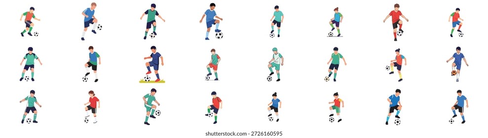 Vector illustration set showcasing diverse soccer players in action, controlling, dribbling, and practicing with a football on an isolated background.