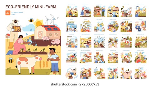 Conjunto de Ilustraciones vectoriales que muestra prácticas de miniagricultura respetuosas con el medio ambiente. Presenta varios métodos de agricultura sostenible, energía renovable y actividades agrícolas ecológicas, promoviendo la sostenibilidad.