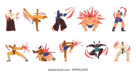 Conjunto de Ilustración vectorial que muestra artes marciales desde Ninjutsu hasta taekwondo. Los atletas con ropa tradicional ejecutan movimientos con precisión y fuerza.