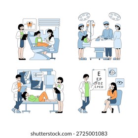 Conjunto de ilustrações vetoriais mostrando cenários médicos e dentários. Inclui um dentista tratando um paciente, cirurgiões em uma sala de cirurgia, análise de raios X e exame ocular, destacando o tratamento de saúde